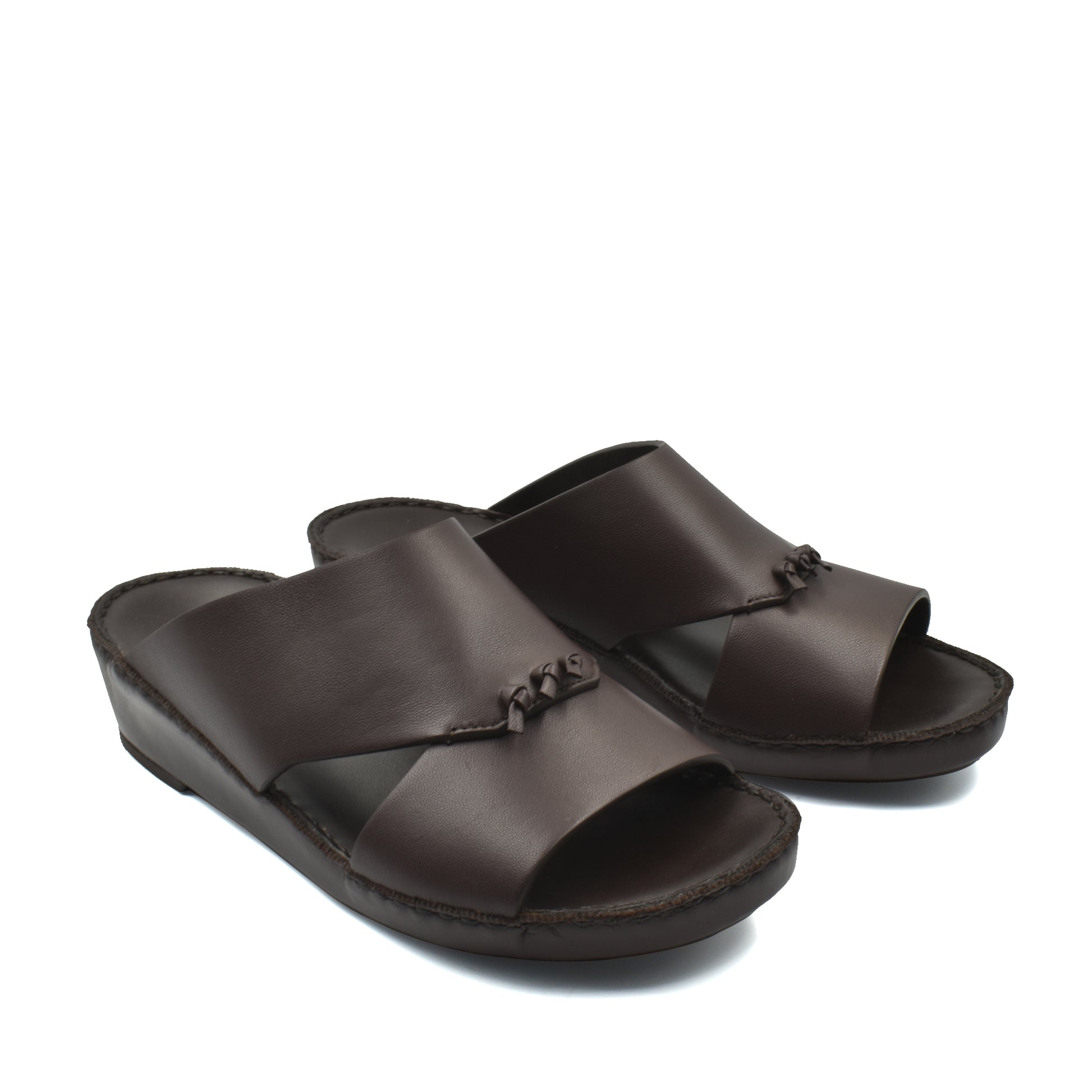 Pair of dark brown luxury nappa leather sandal with open toe and slip-on design