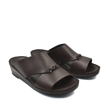 Pair of dark brown luxury nappa leather sandal with open toe and slip-on design