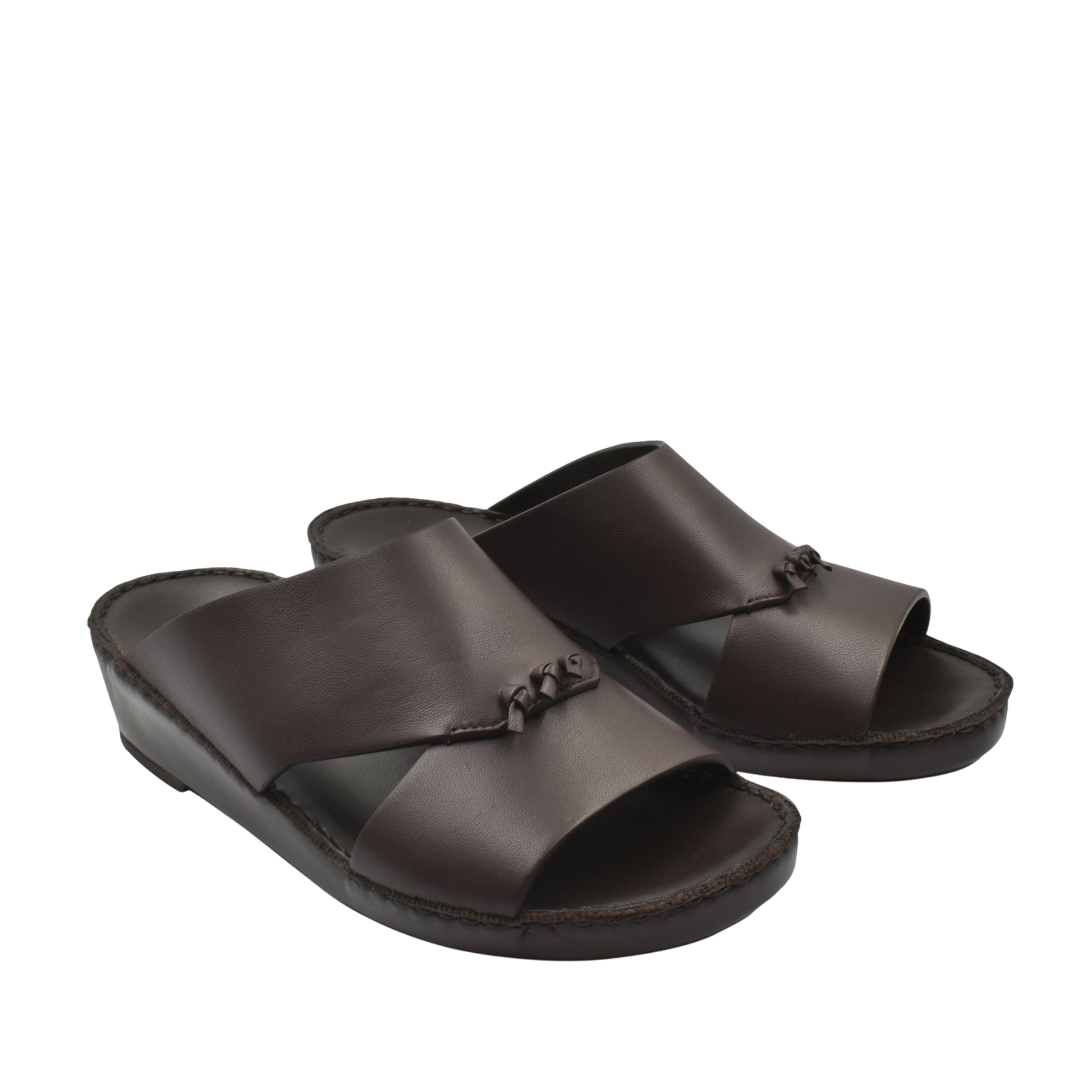 Pair of dark brown luxury nappa leather sandal with open toe and slip-on design