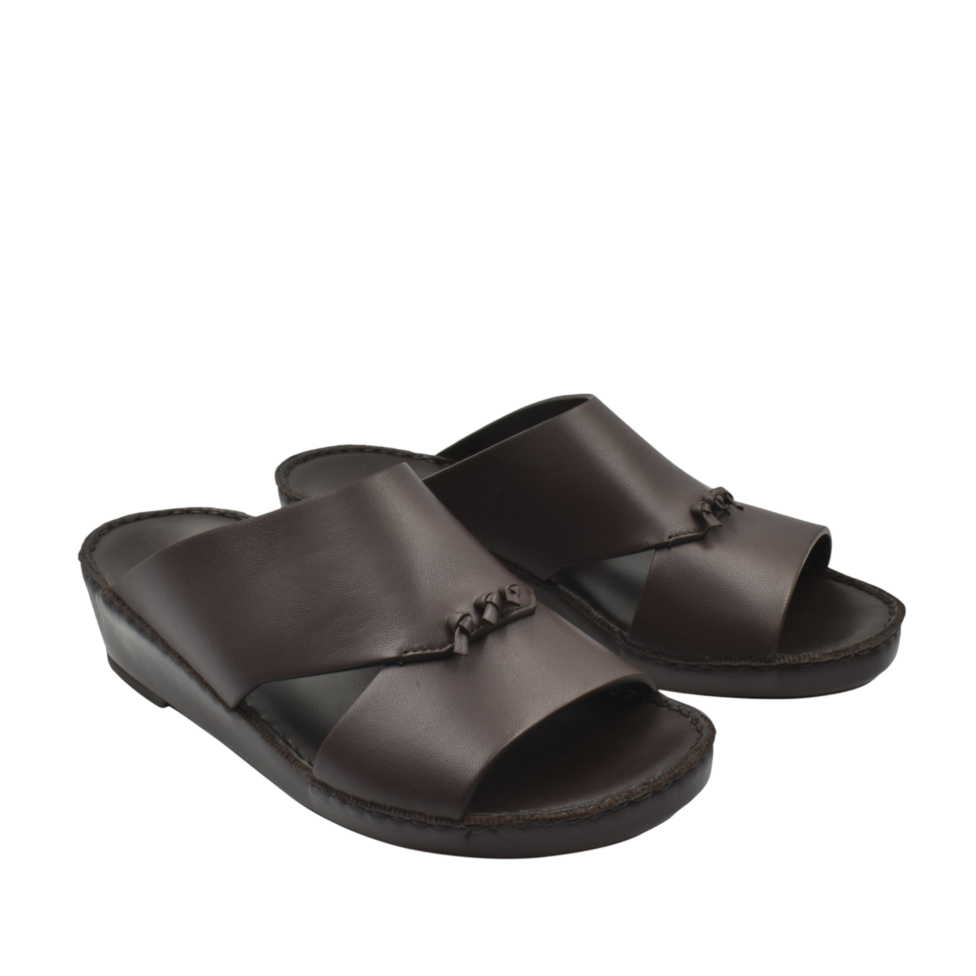 Pair of dark brown luxury nappa leather sandal with open toe and slip-on design