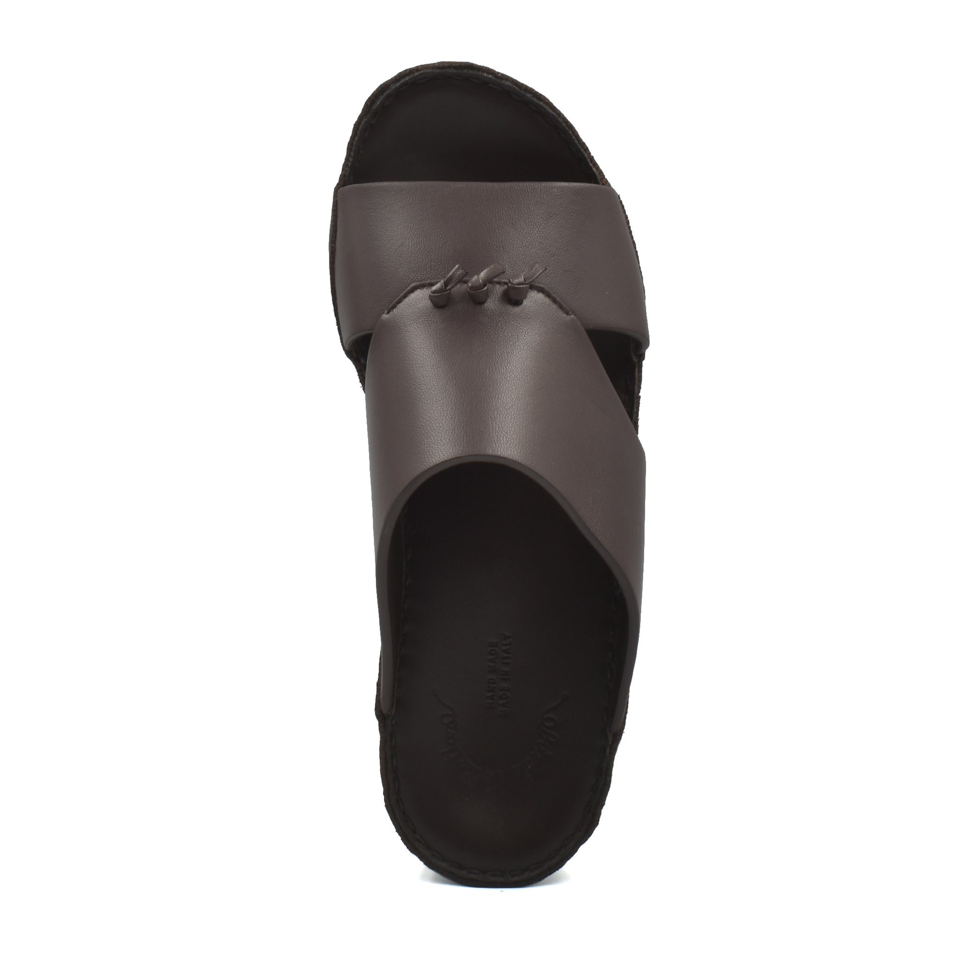 Top view of a luxury nappa leather sandal in dark brown with a stitched crossover strap design