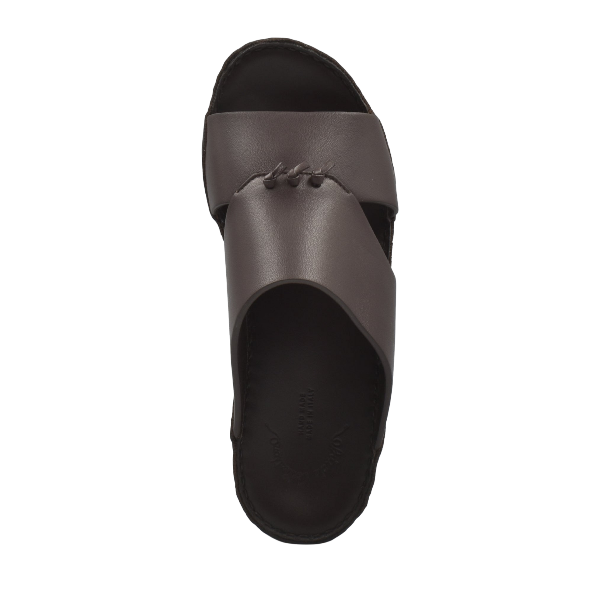 Top view of a luxury nappa leather sandal in dark brown with a stitched crossover strap design