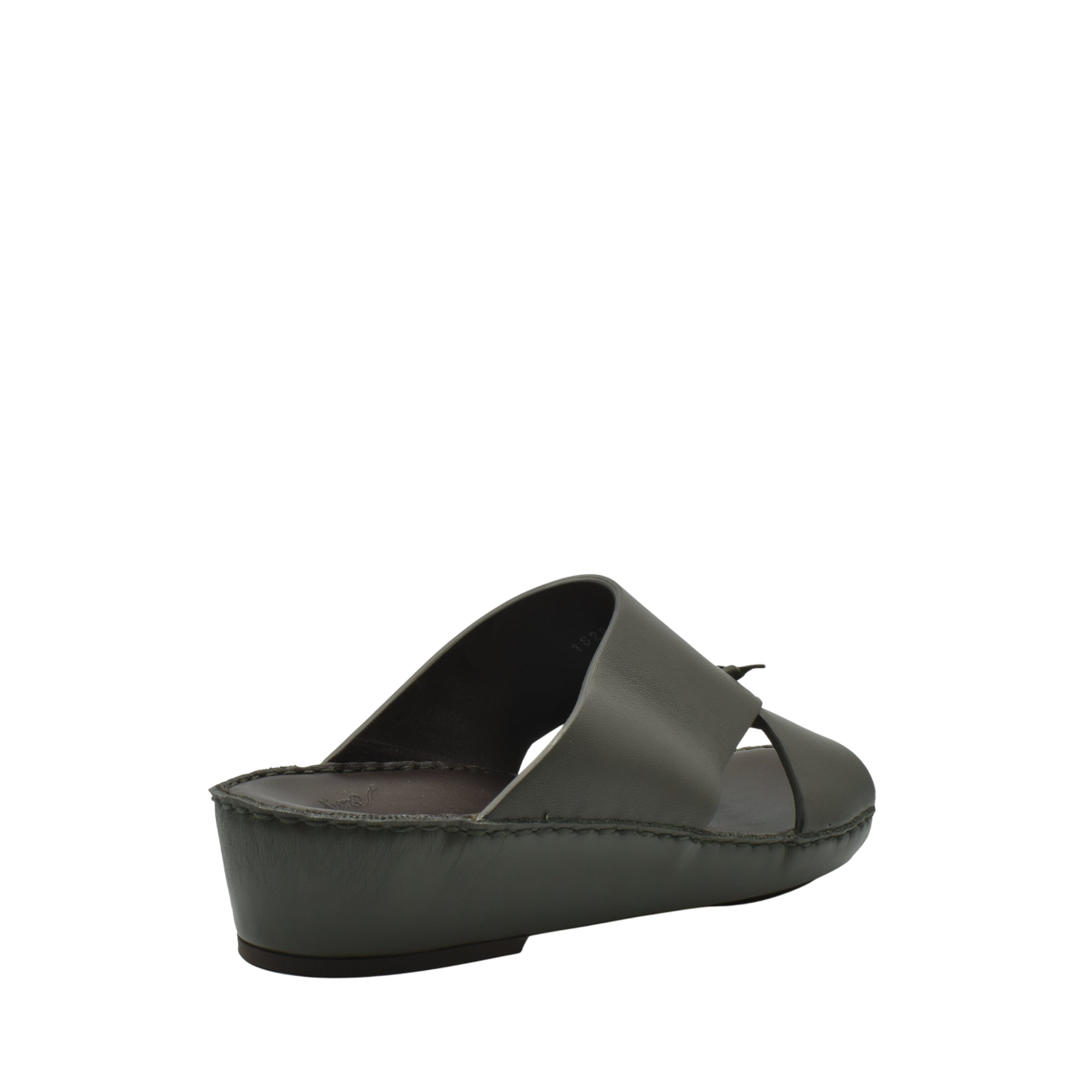 Side view of a gray luxury nappa leather sandal with a wedge sole from Private collection