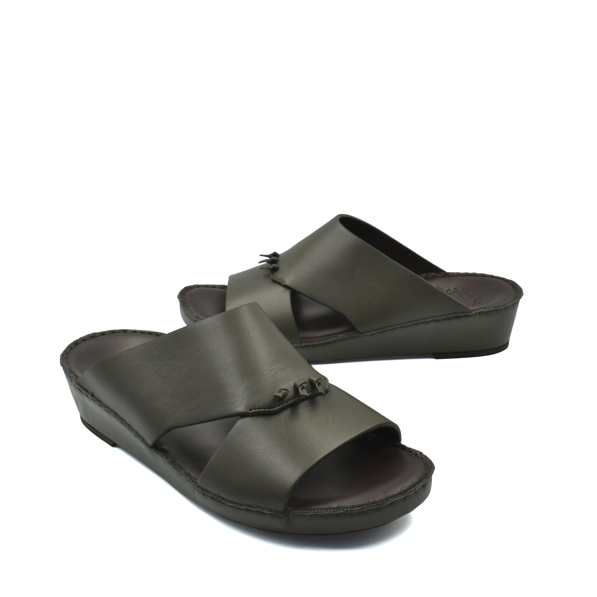 Pair of luxury nappa leather sandal in dark olive with open toe and comfortable sole