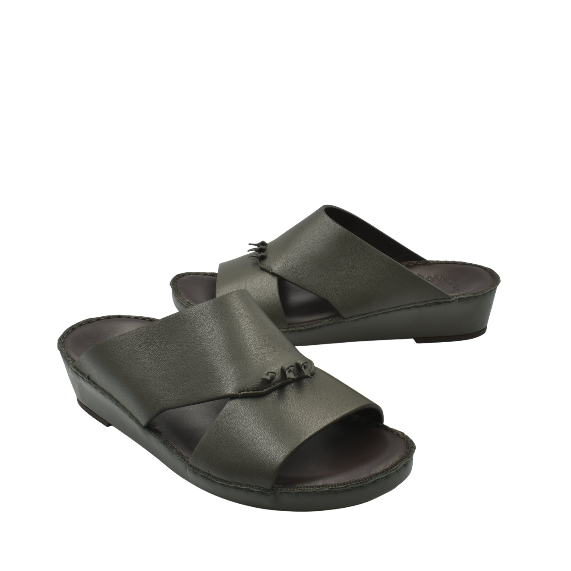 Pair of luxury nappa leather sandal in dark olive with open toe and comfortable sole