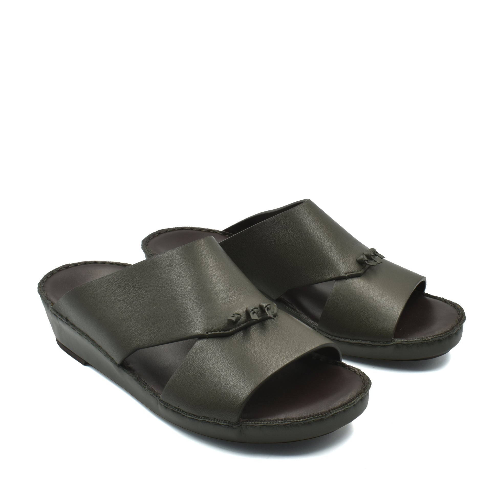 Pair of men's luxury nappa leather sandal in dark olive with open toe and cushioned sole