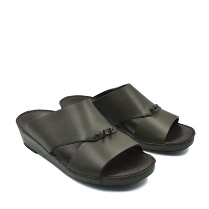 Pair of men's luxury nappa leather sandal in dark olive with open toe and cushioned sole