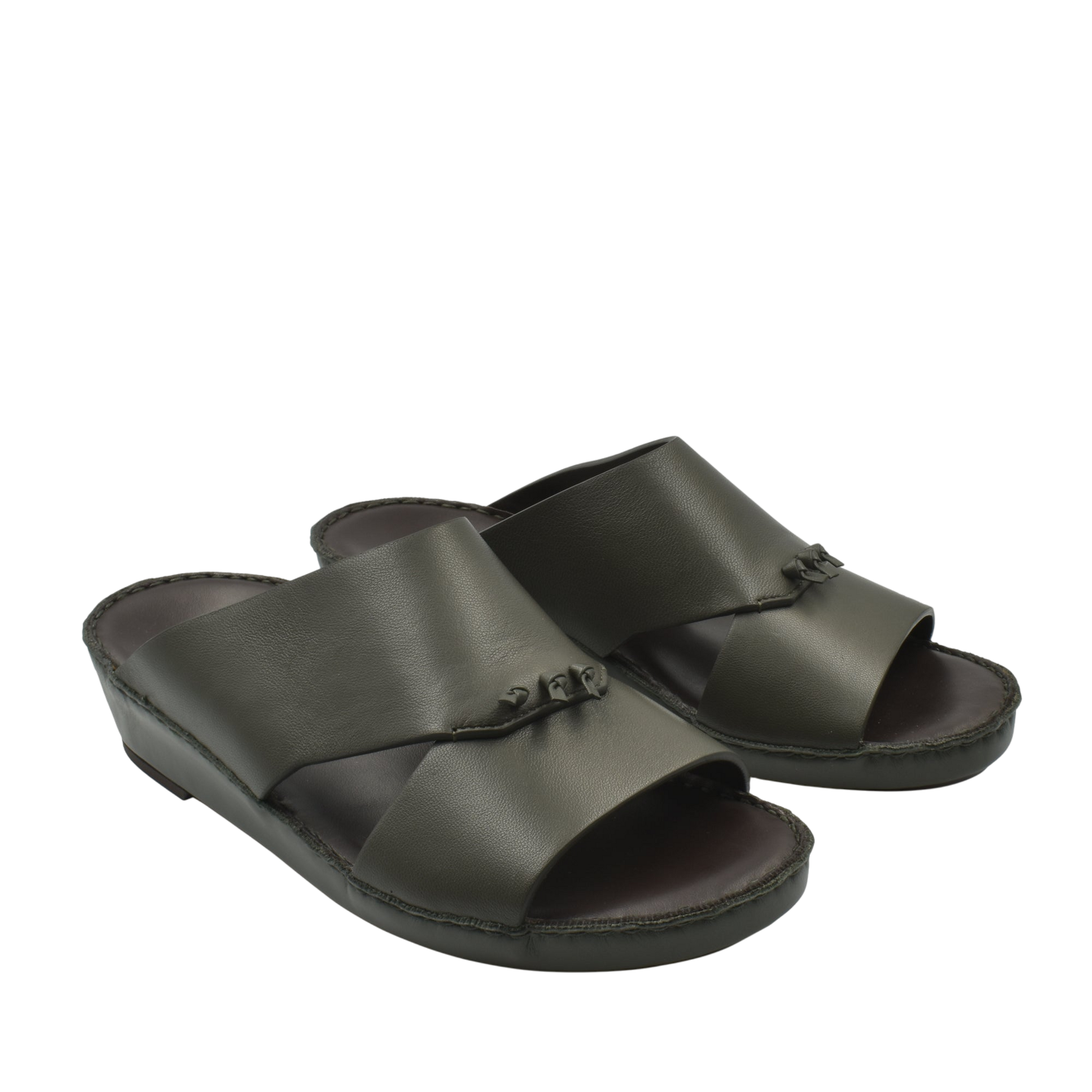 Pair of men's luxury nappa leather sandal in dark olive with open toe and cushioned sole