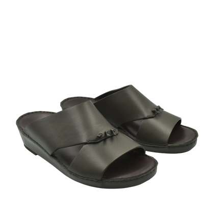 Pair of men's luxury nappa leather sandal in dark olive with open toe and cushioned sole