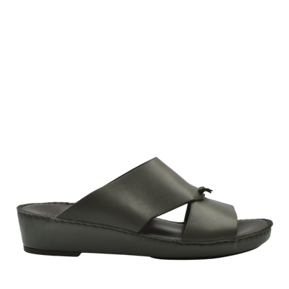 Side view of luxury nappa leather sandal in dark olive with cross strap design and comfortable sole