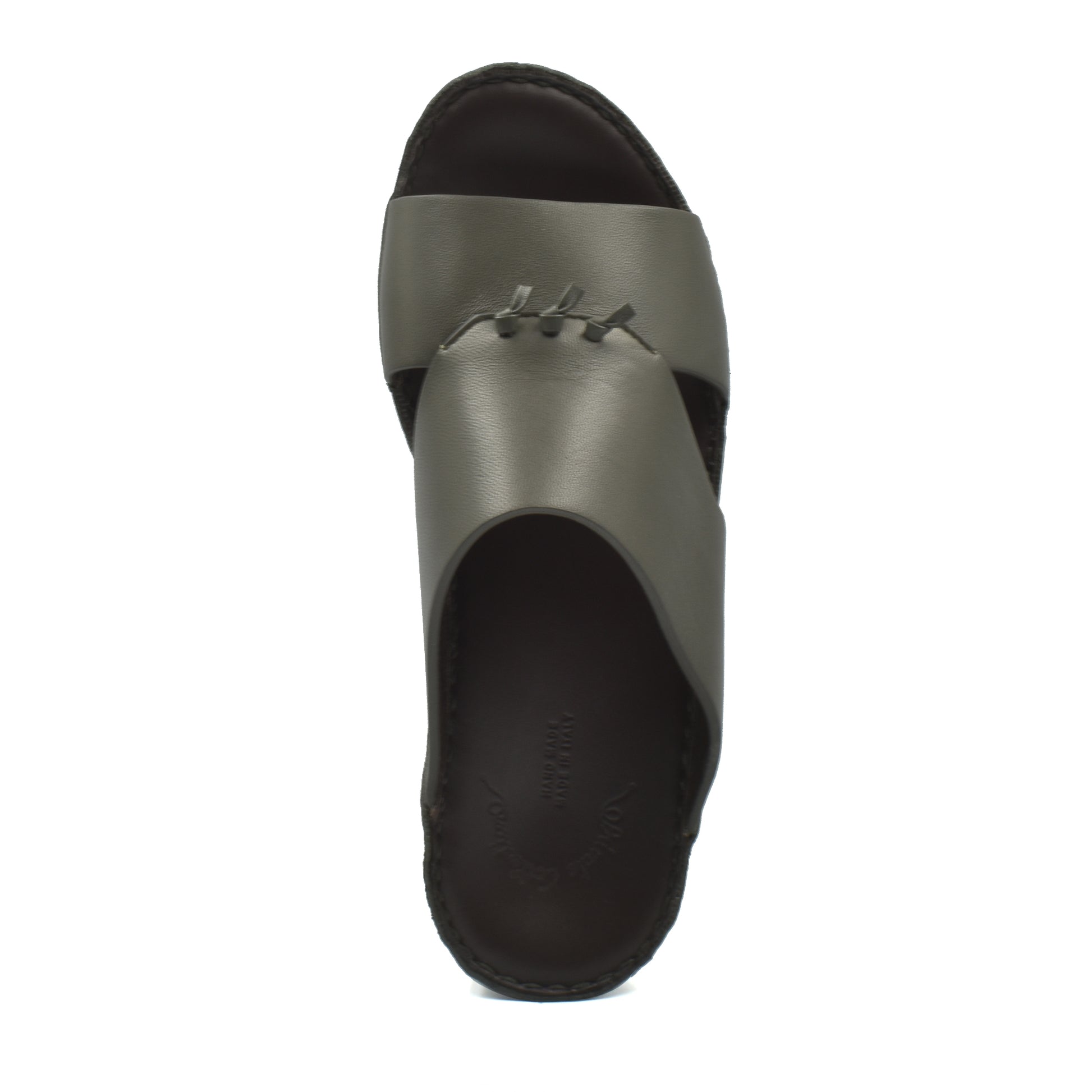 Top view of luxury nappa leather sandal in gray with stitched details and black sole