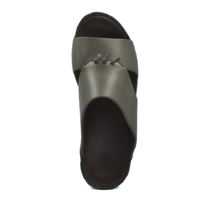 Top view of luxury nappa leather sandal in gray with stitched details and black sole