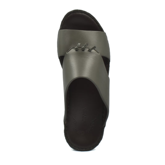 Top view of luxury nappa leather sandal in gray with stitched details and black sole