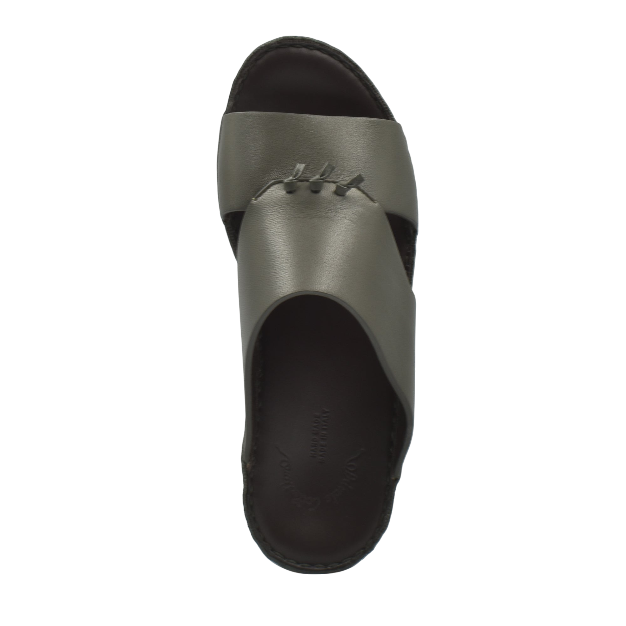 Top view of luxury nappa leather sandal in gray with stitched details and black sole