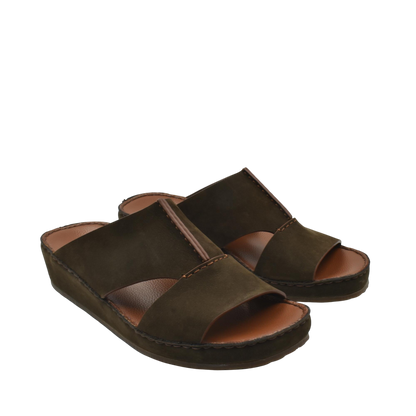 Pair of luxury nubuck sandals in dark brown with open toe and cushioned sole