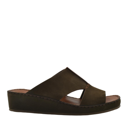 Brown luxury nubuck sandals with open toe and cushioned wedge sole for comfortable wear