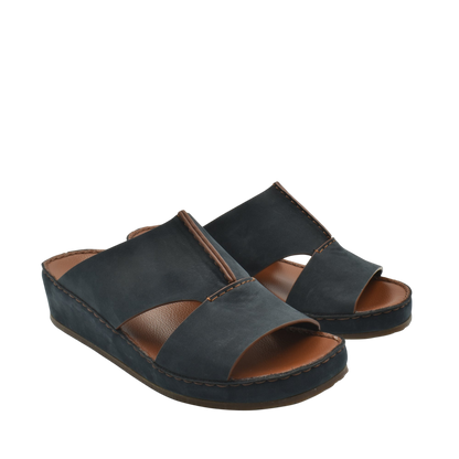 Black luxury nubuck sandals with cushioned brown footbed and slip-on design for comfort