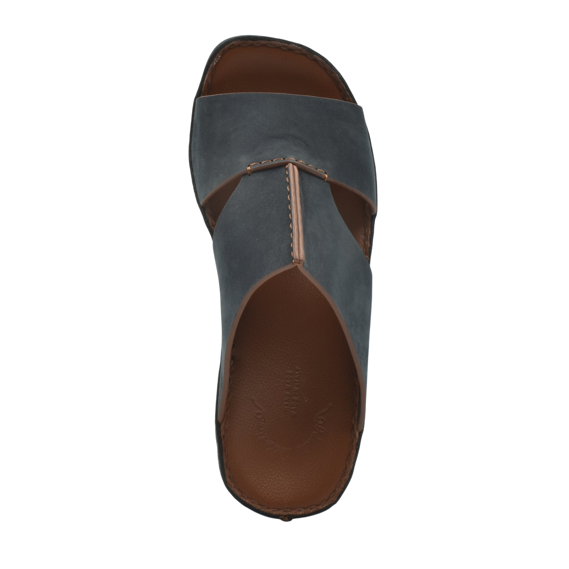 Top view of a blue luxury nubuck sandals with brown cushioned footbed for comfort