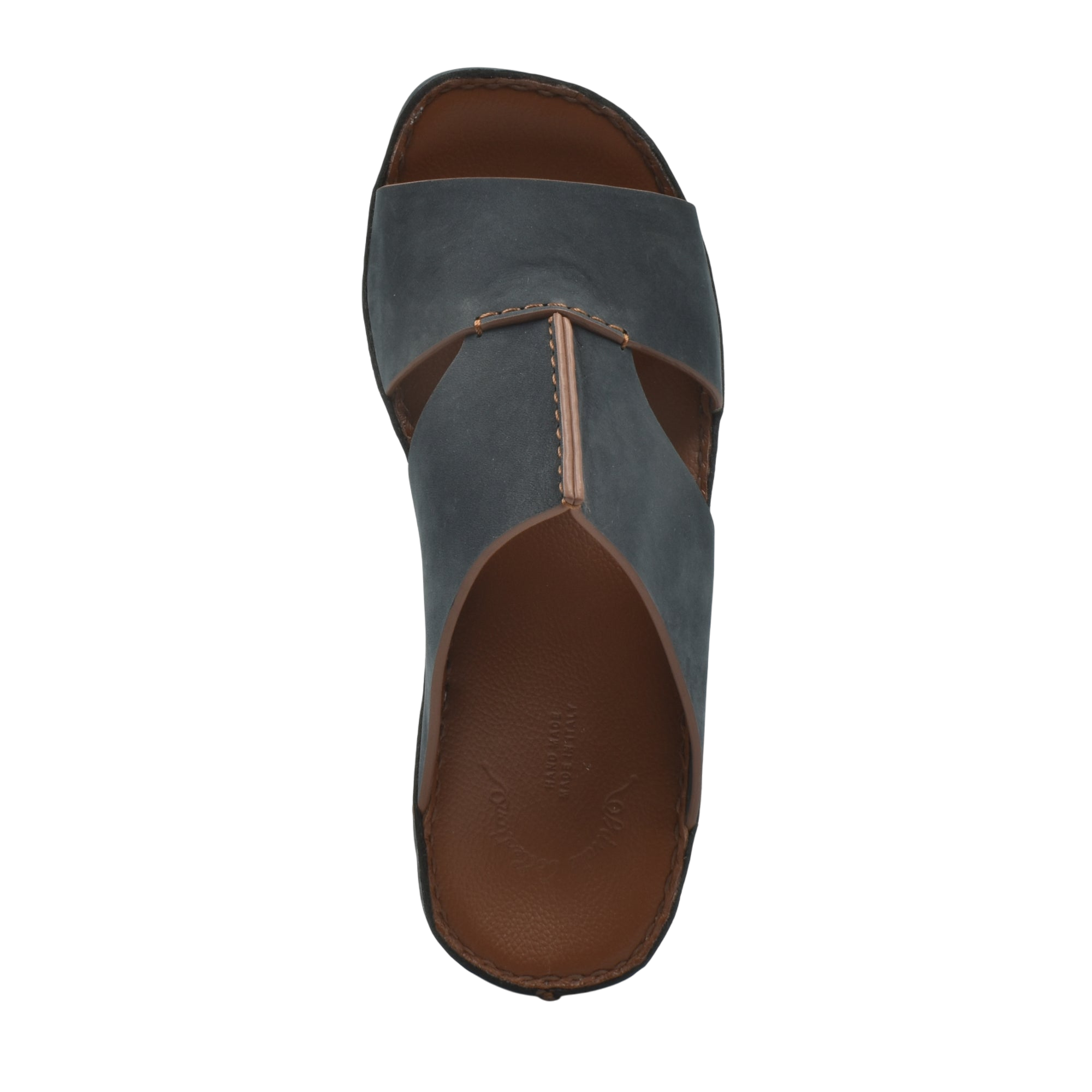 Top view of a blue luxury nubuck sandals with brown cushioned footbed for comfort