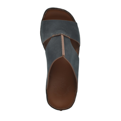 Top view of a blue luxury nubuck sandals with brown cushioned footbed for comfort