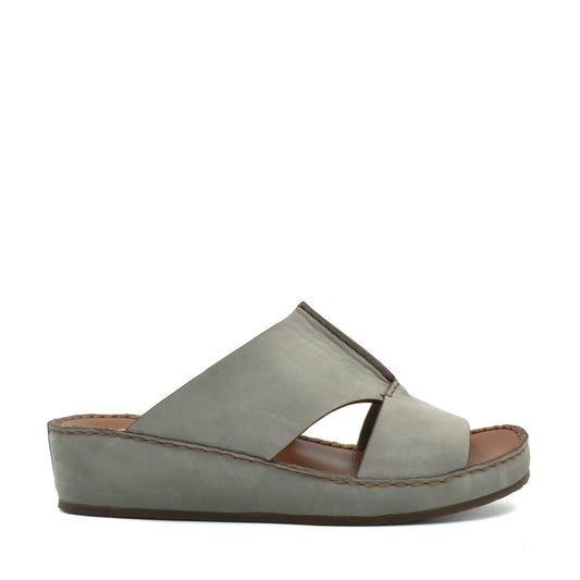 Grey luxury nubuck sandals with open toe and low wedge sole for comfortable wear