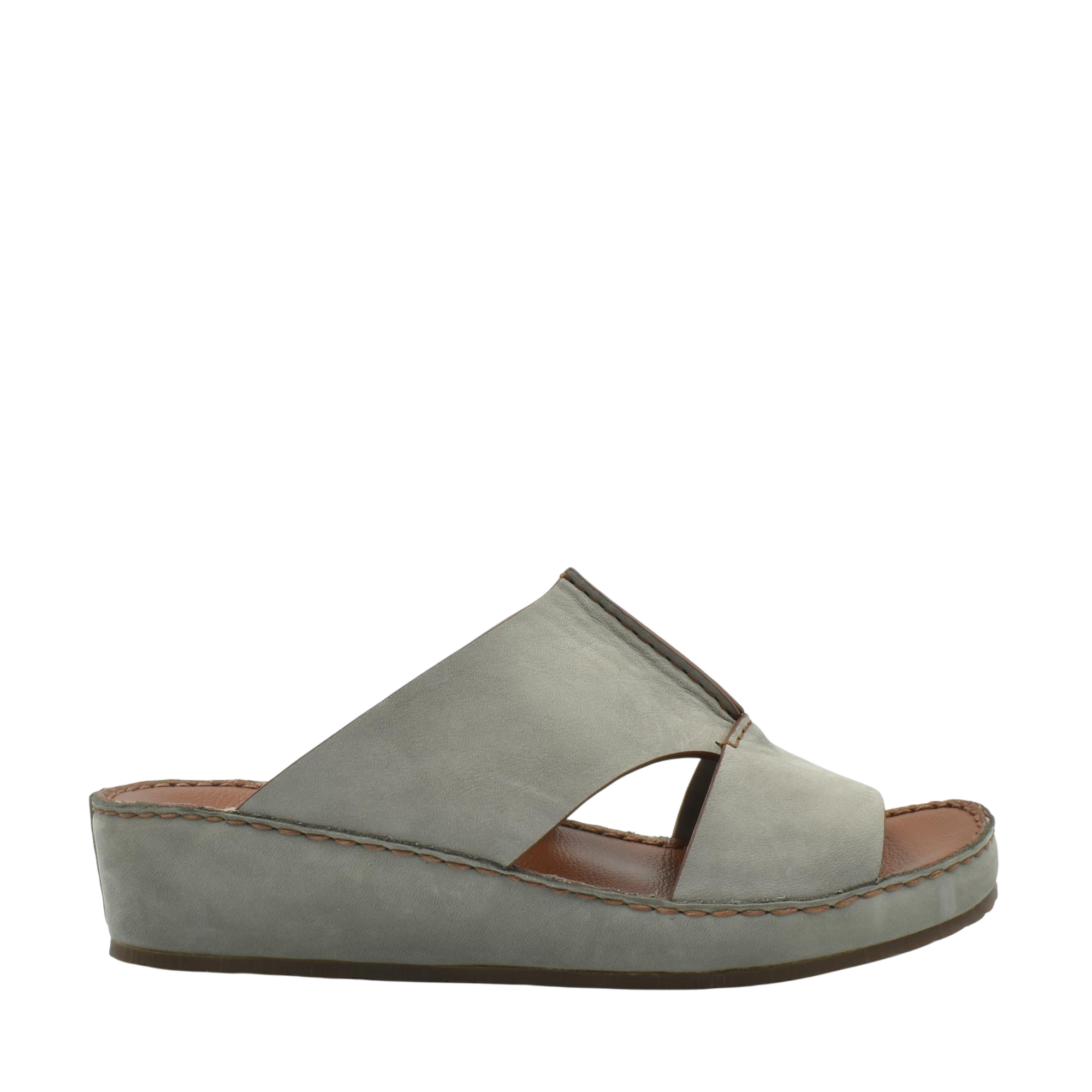 Grey luxury nubuck sandals with open toe and low wedge sole for comfortable wear