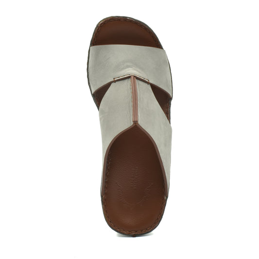 Top view of luxury nubuck sandals in light gray with brown sole from private collection
