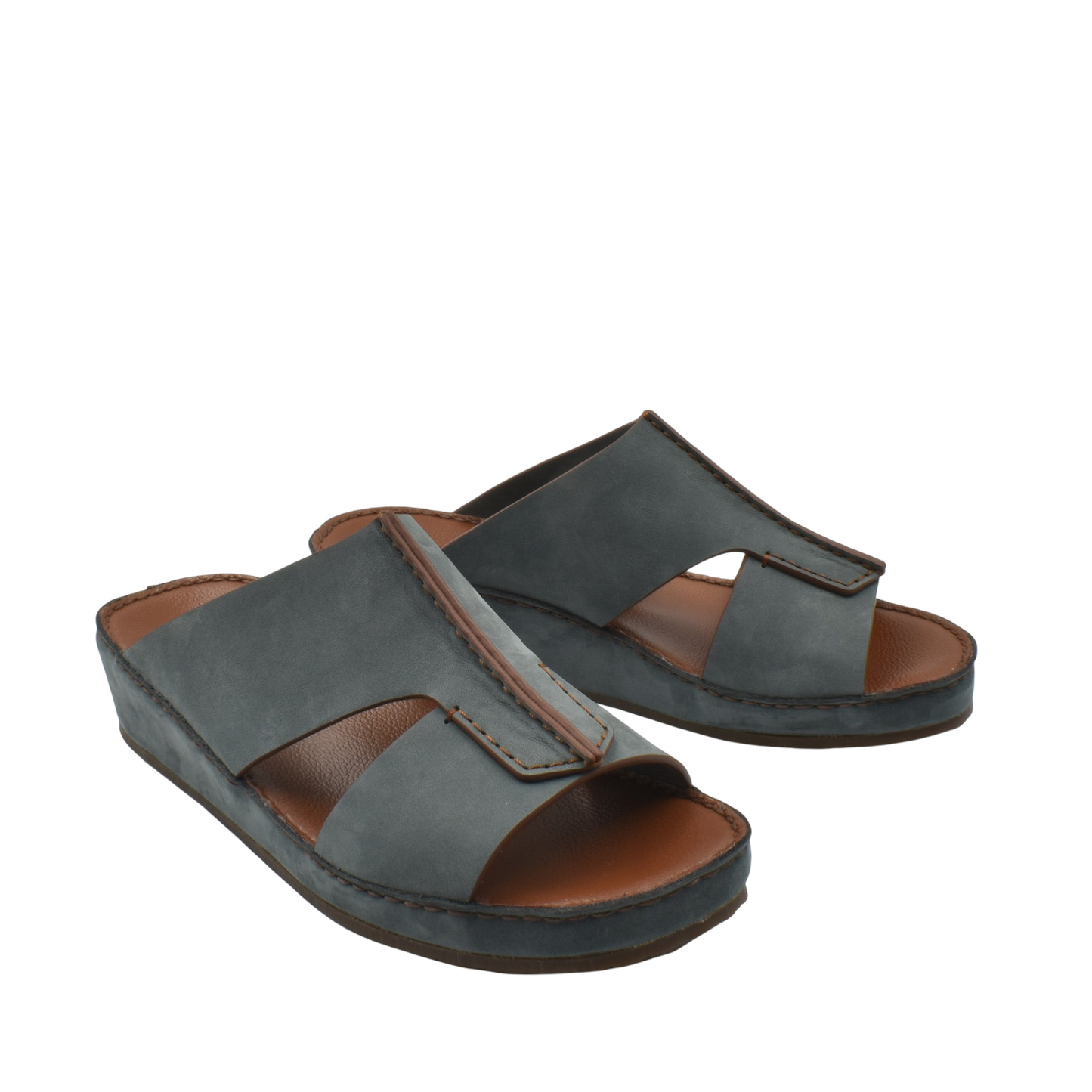 Private collection luxury nubuck slides in gray with open toe design and cushioned brown footbed