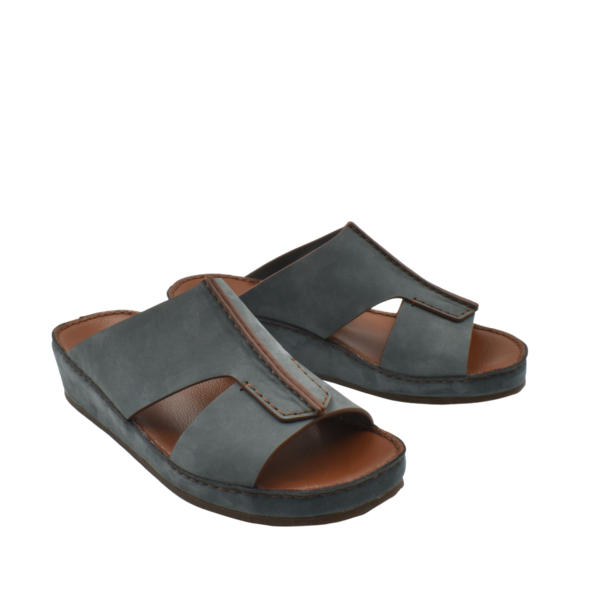 Private collection luxury nubuck slides in gray with open toe design and cushioned brown footbed