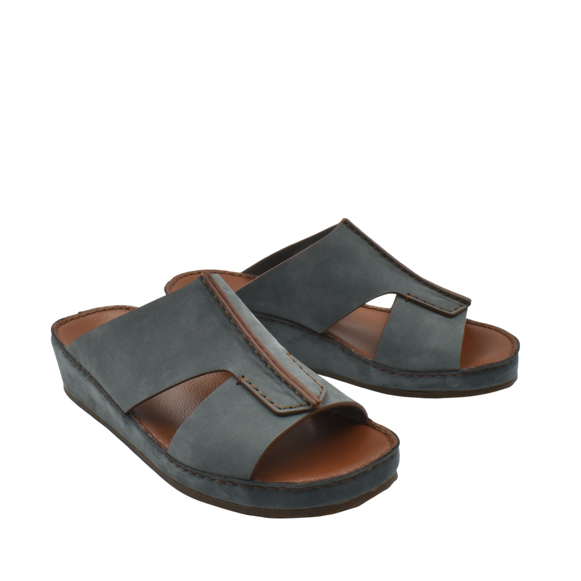 Private collection luxury nubuck slides in gray with open toe design and cushioned brown footbed