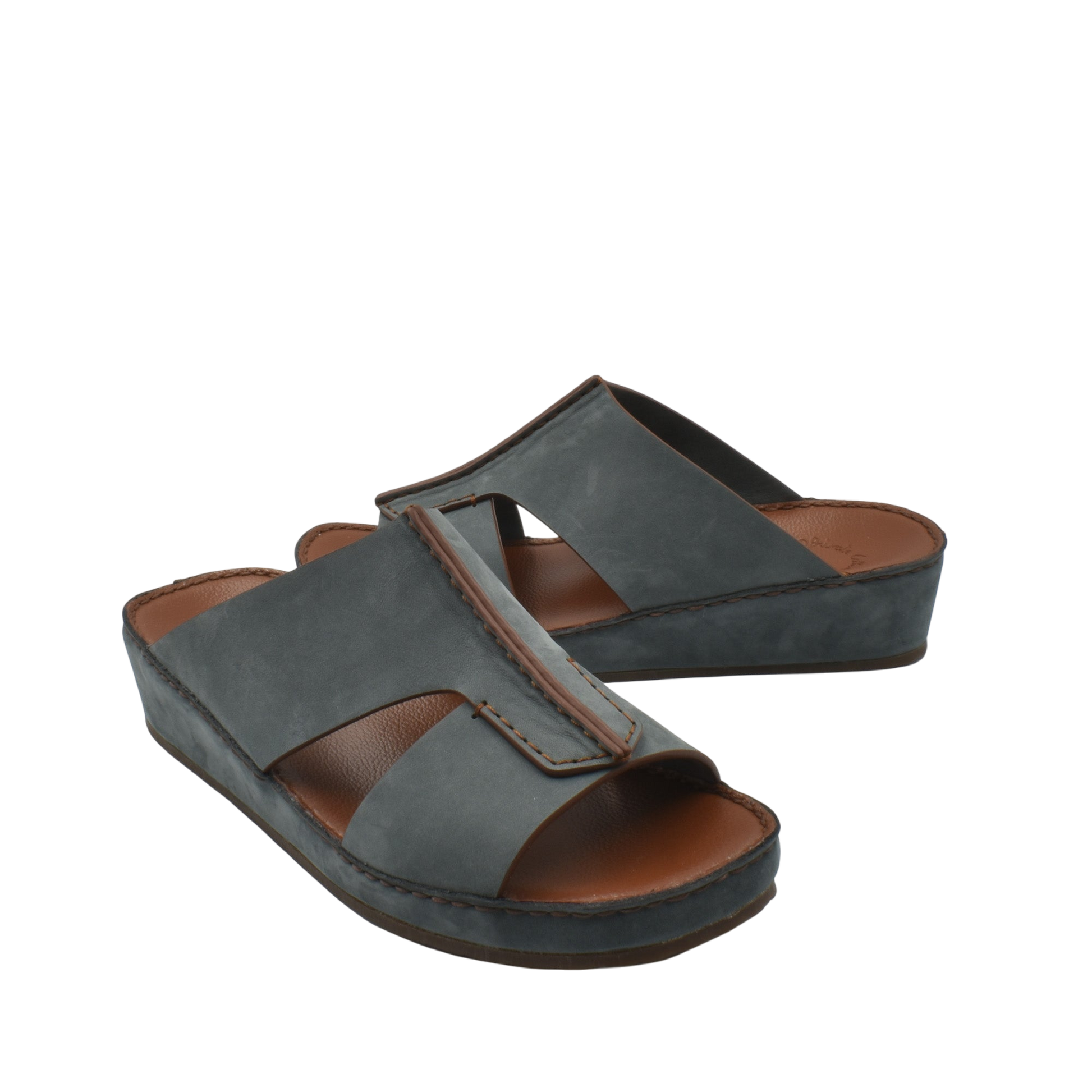 Gray luxury nubuck slides with cushioned brown footbed and open toe design