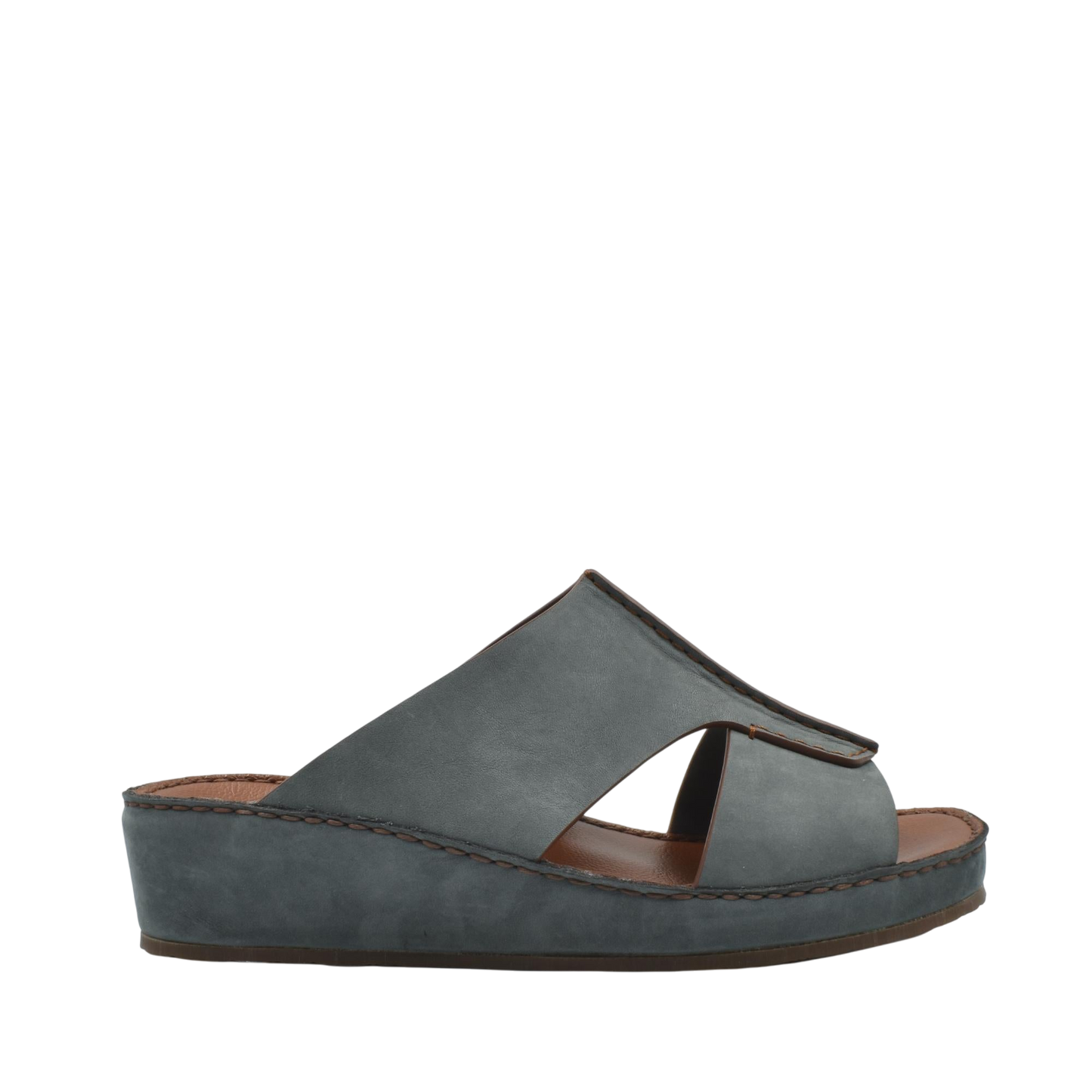 Side view of gray luxury nubuck slides with cutout design and cushioned sole from Private collection