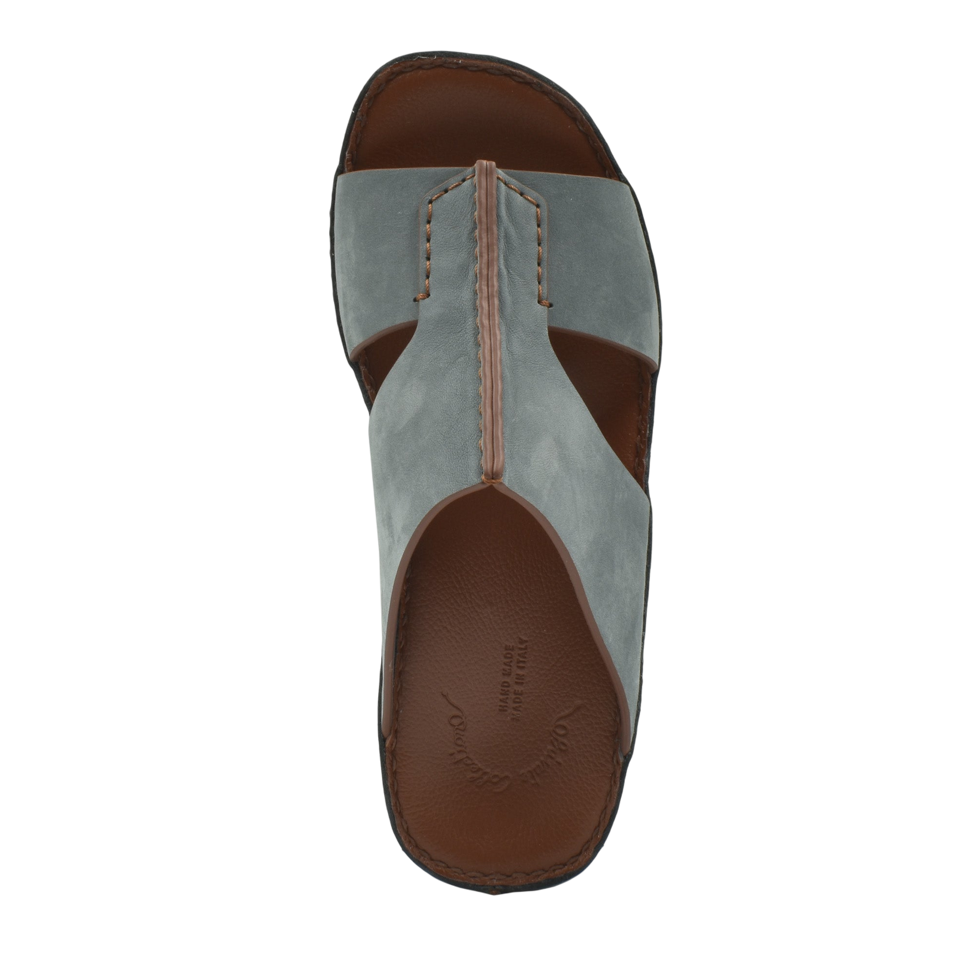 Top view of luxury nubuck slides in gray with brown leather insole and detailed stitching