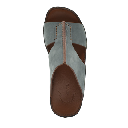 Top view of luxury nubuck slides in gray with brown leather insole and detailed stitching