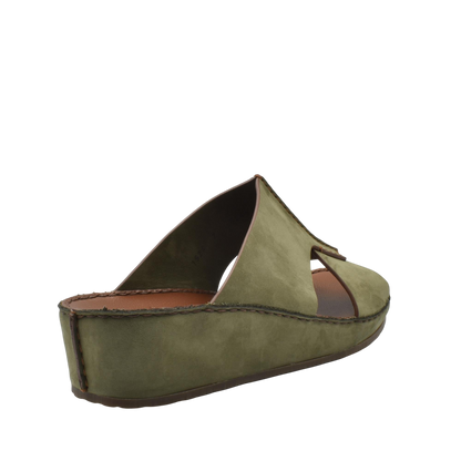 Olive green luxury nubuck slides with wedge sole and open toe design for comfortable wear