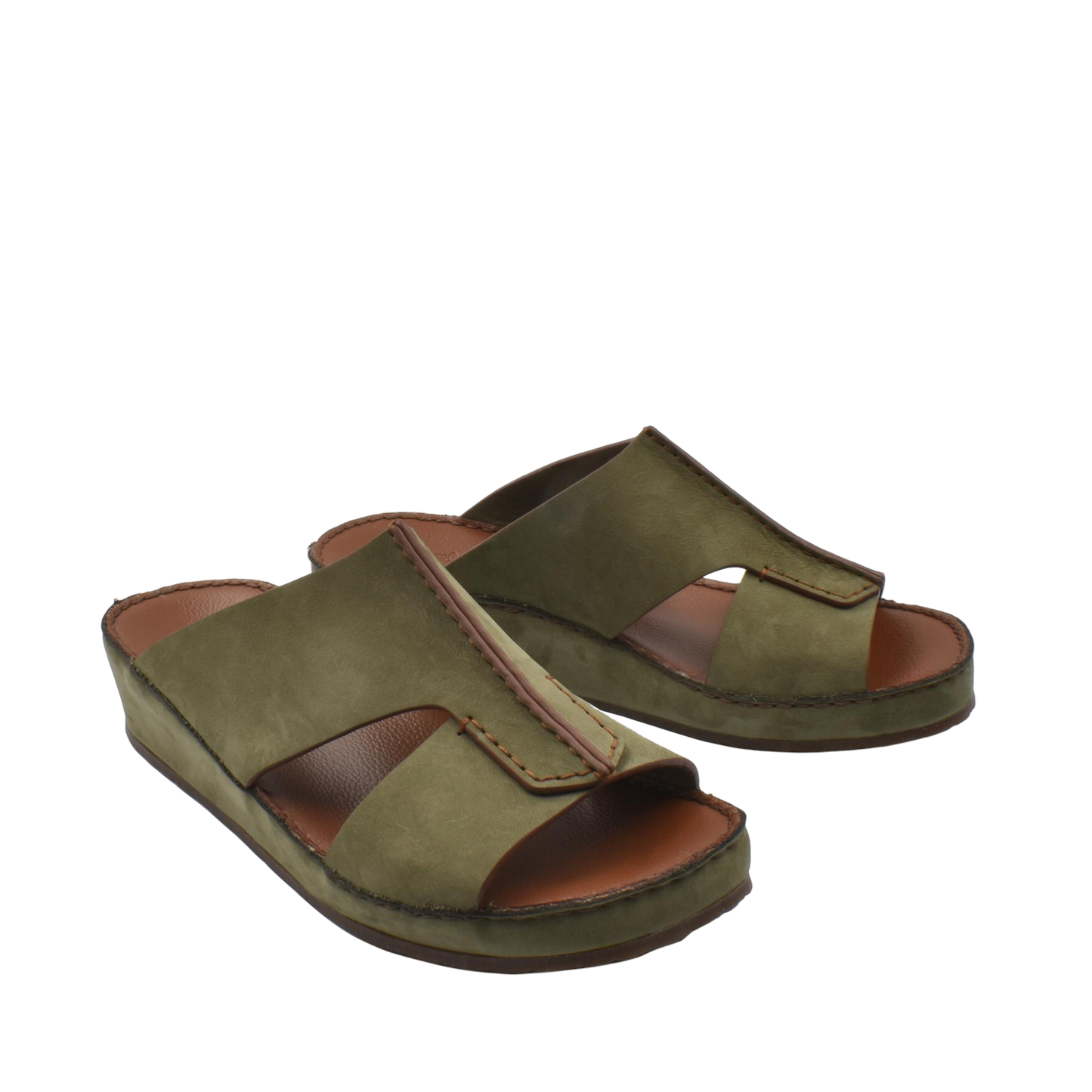 Olive green luxury nubuck slides with open toe and cushioned brown sole for comfortable wear