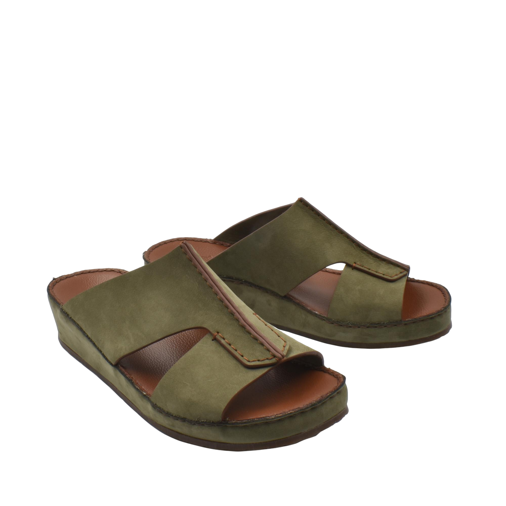Olive green luxury nubuck slides with open toe and cushioned brown sole for comfortable wear