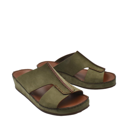 Olive green luxury nubuck slides with open toe and cushioned brown sole for comfortable wear