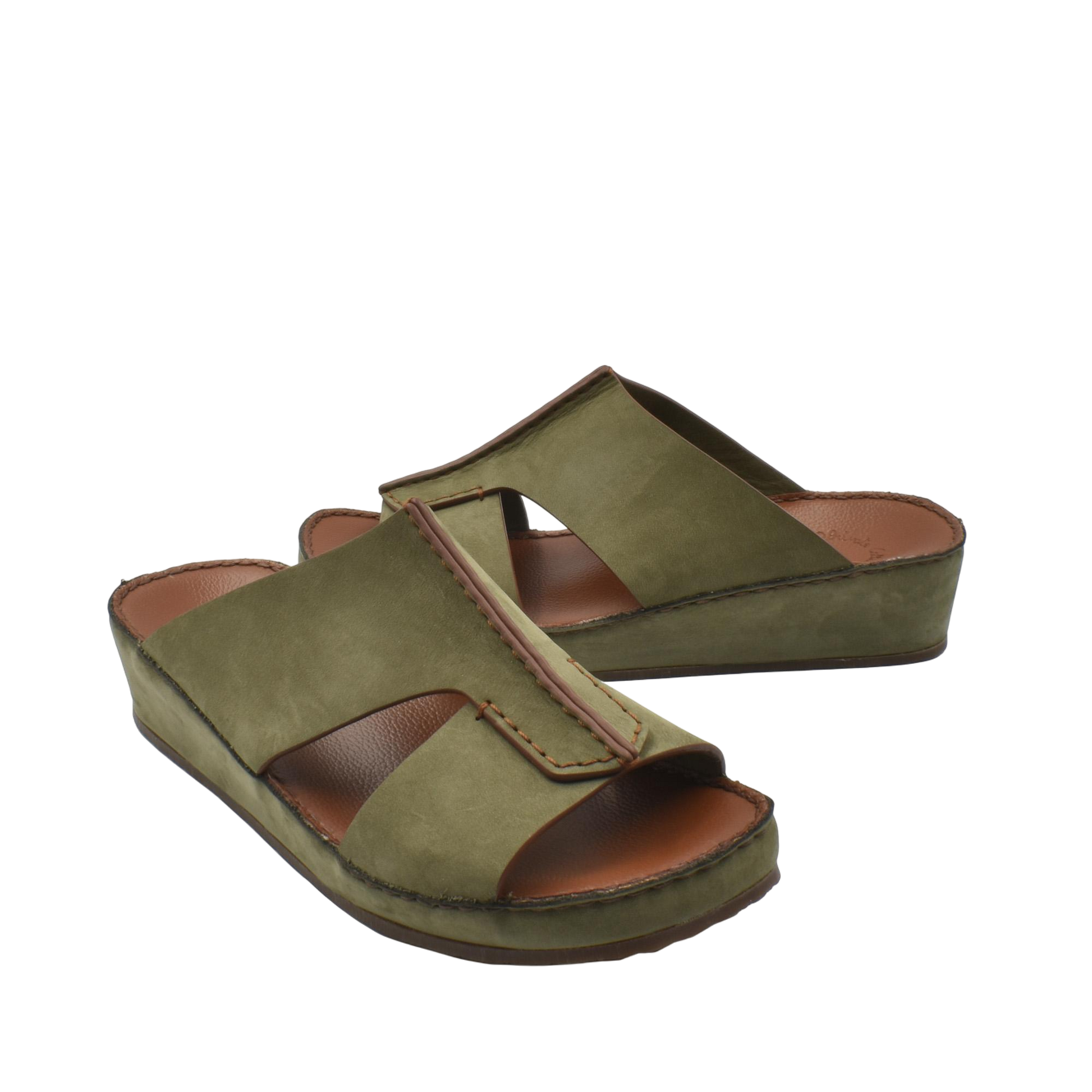 Olive green luxury nubuck slides with open toe and cushioned sole for comfortable wear