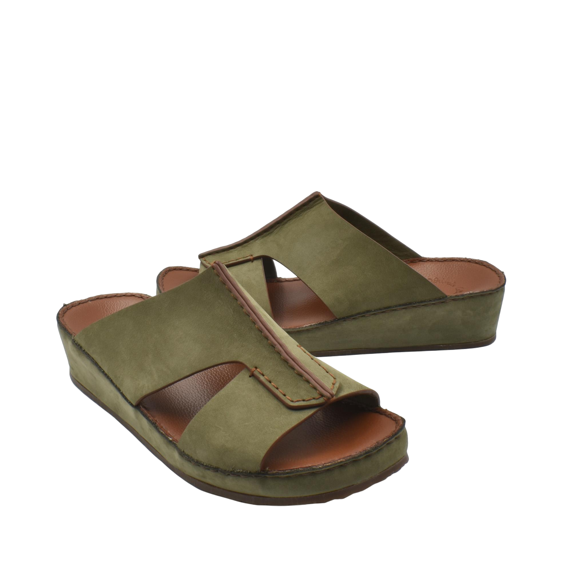 Olive green luxury nubuck slides with open toe and cushioned sole for comfortable wear
