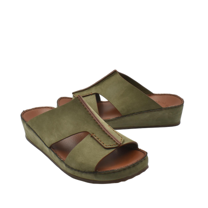 Olive green luxury nubuck slides with open toe and cushioned sole for comfortable wear