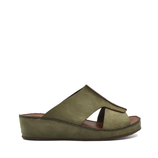 Olive green luxury nubuck slides with open toe and comfortable wedge sole