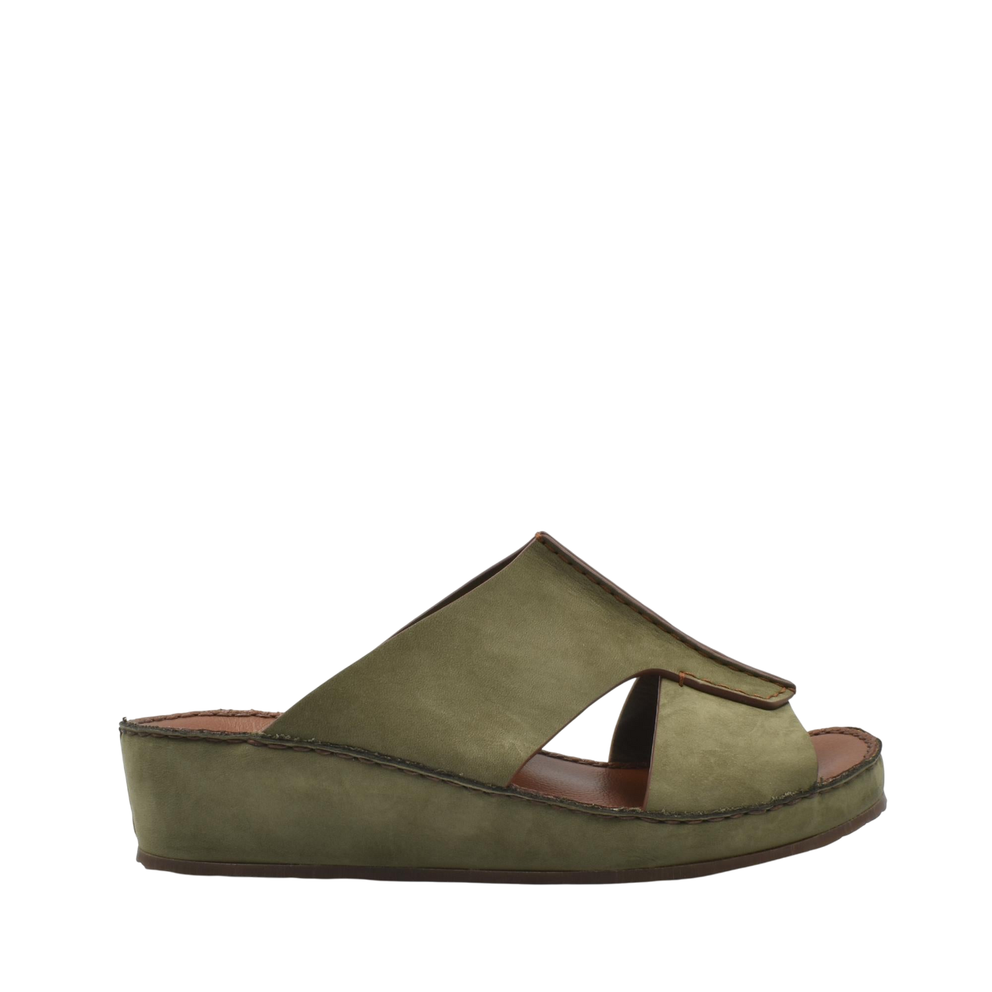 Olive green luxury nubuck slides with open toe and comfortable wedge sole