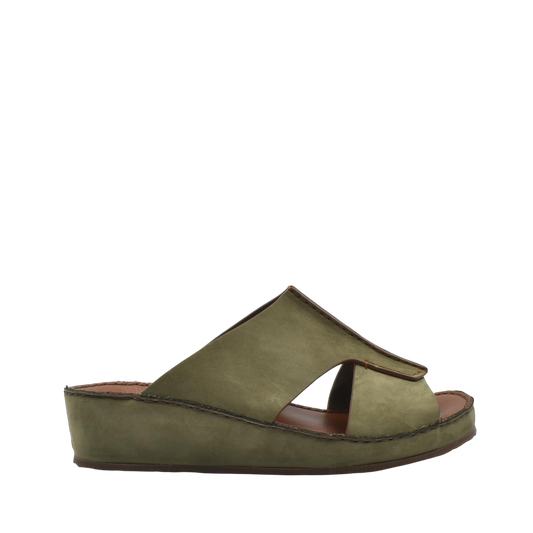 Olive green luxury nubuck slides with open toe and comfortable wedge sole
