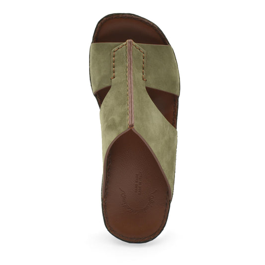 Top view of luxury nubuck slides in olive green with brown leather footbed from Private collection