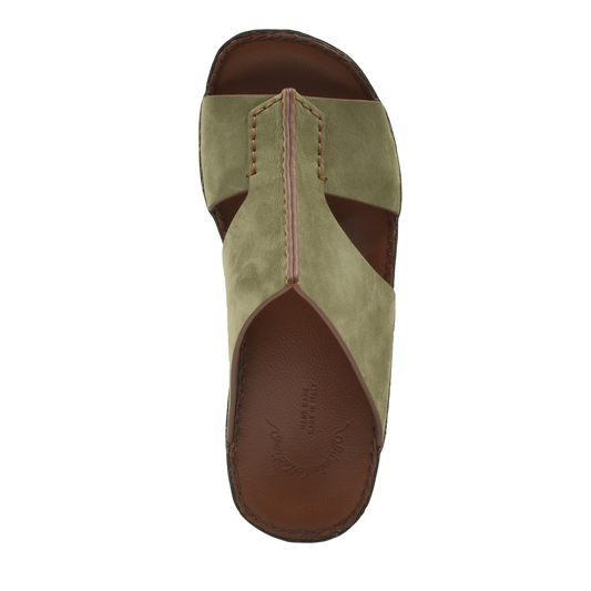 Top view of luxury nubuck slides in olive green with brown leather footbed from Private collection