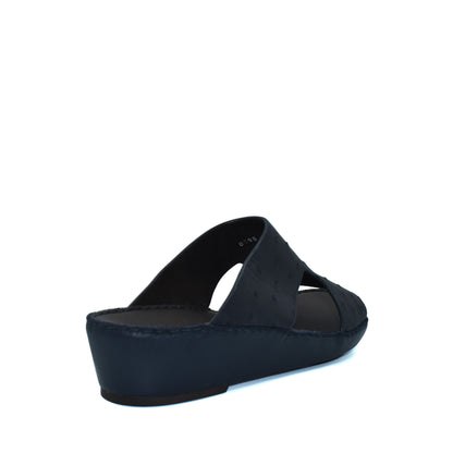 Black luxury ostrich sandals with open toe and comfortable wedge sole from private collection