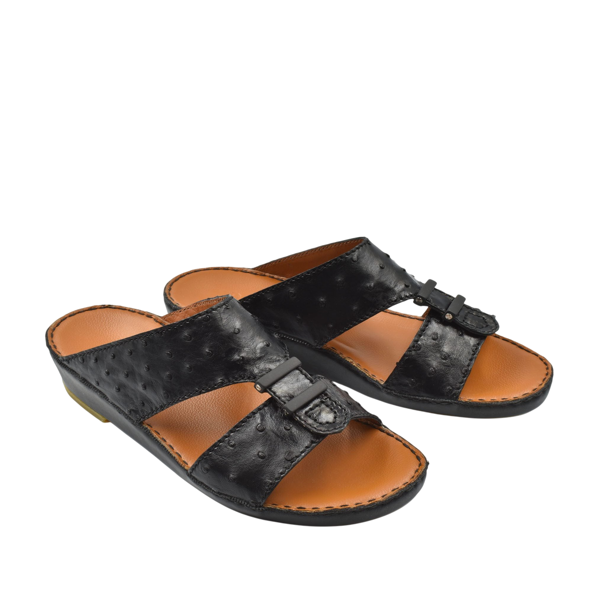 Black luxury ostrich sandals with adjustable buckle and tan insole from private collection