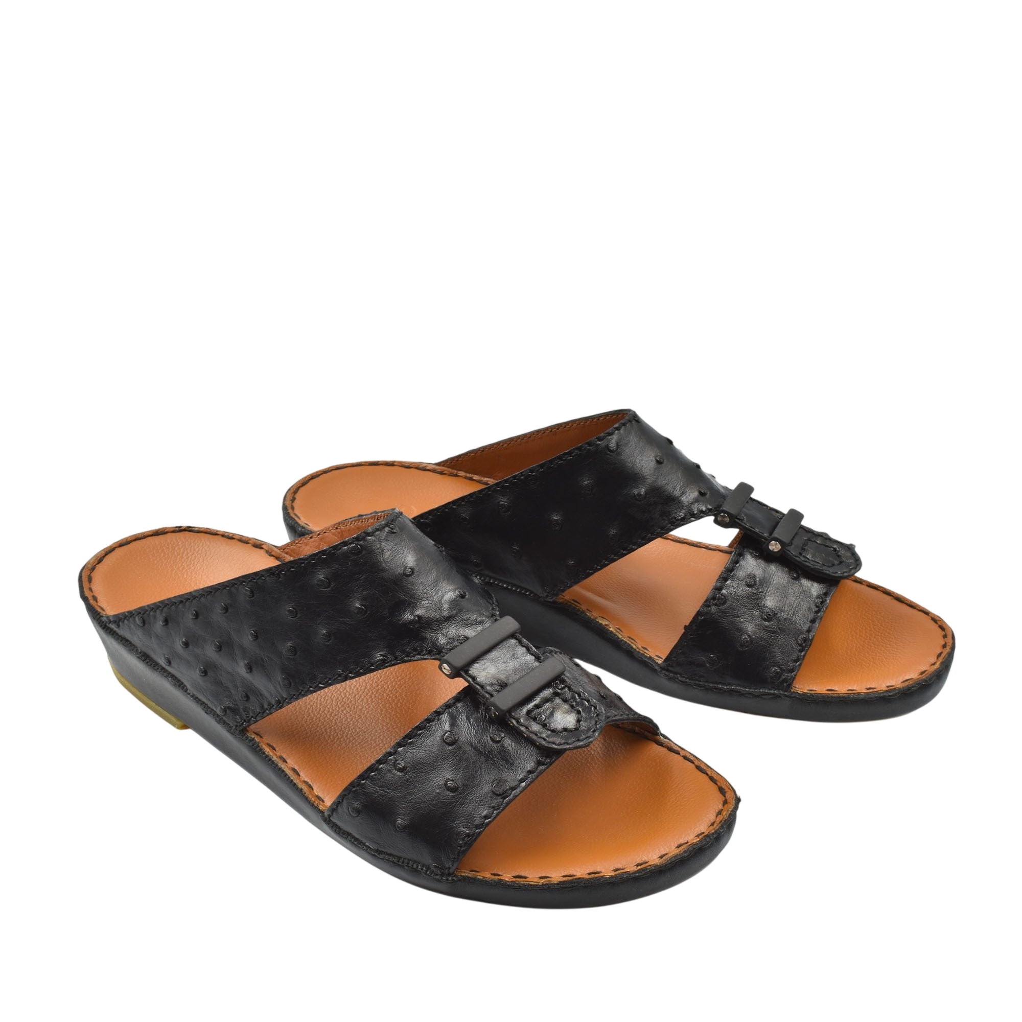Black luxury ostrich sandals with adjustable buckle and tan insole from private collection