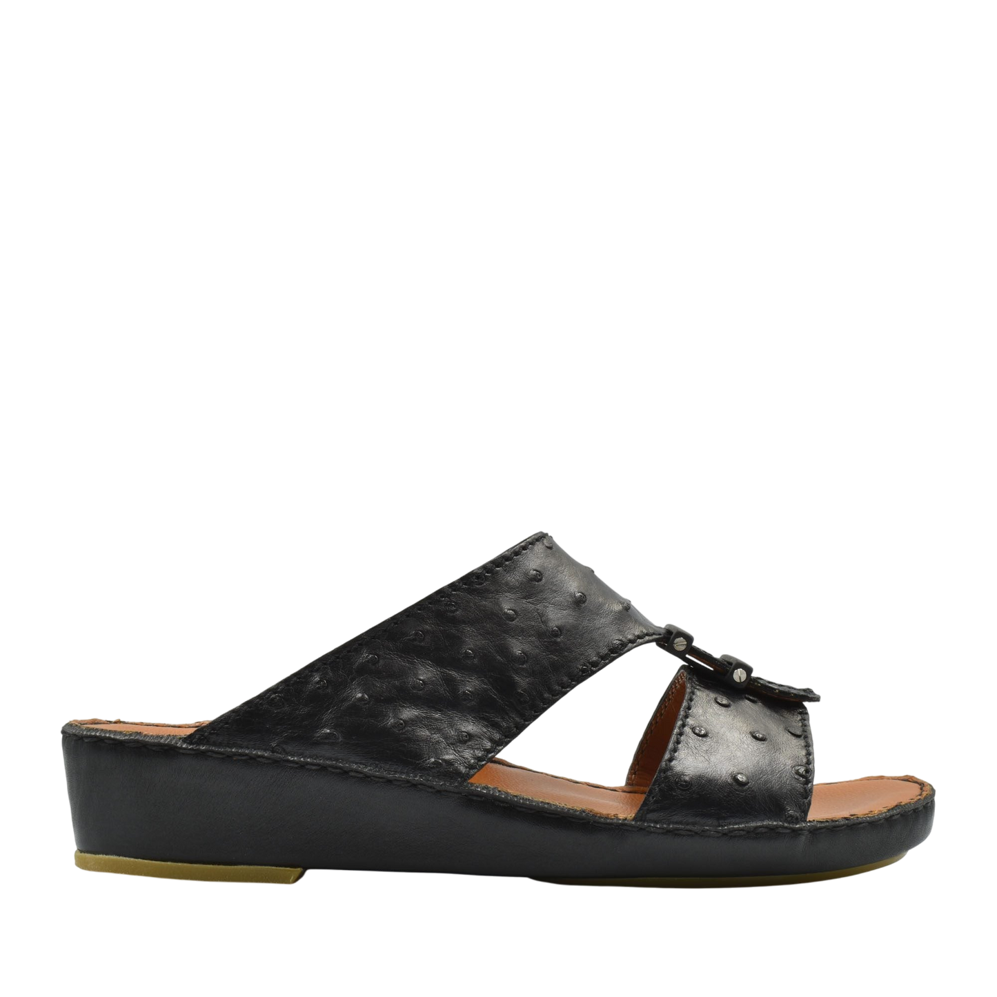 Black luxury ostrich sandals with wedge sole and open toe design from Private collection